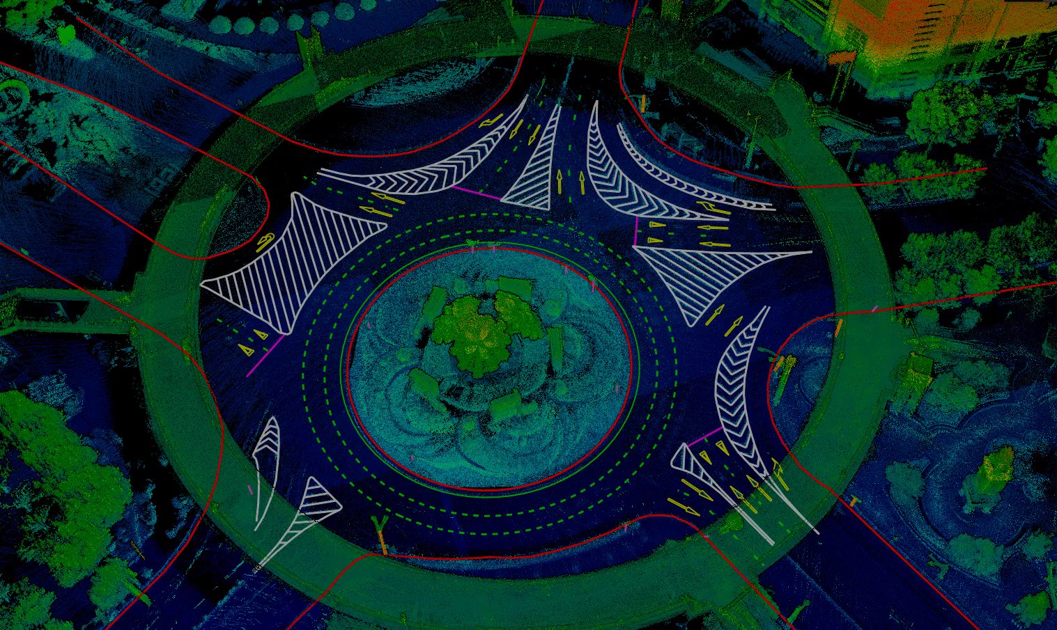 A classified mobile mapping point cloud of a roundabout in LiDAR360MLS, with extracted HD map lane lines and road markings drawn over it