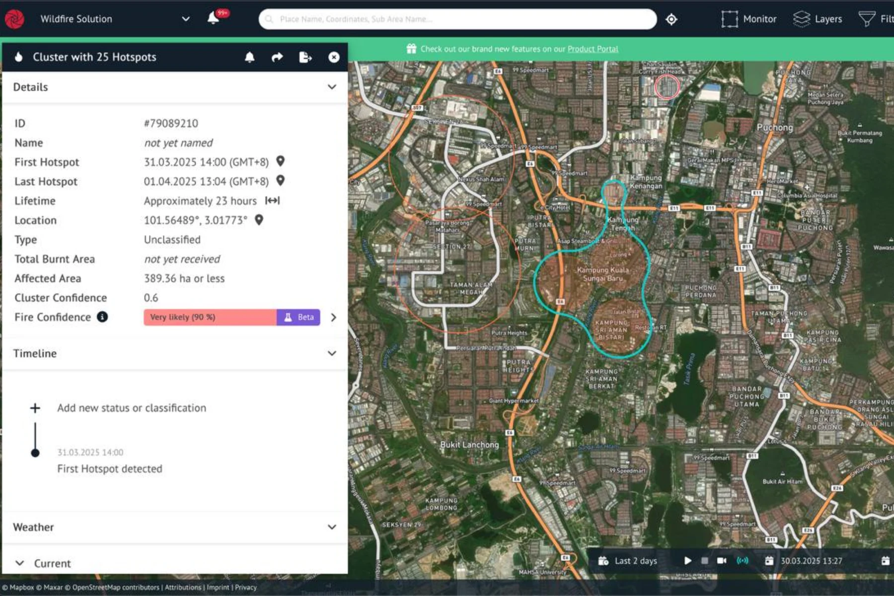 OroraTech Wildfire Solution map view over the Klang Valley, with a detected hotspot cluster outlined on satellite imagery and its detail panel open alongside