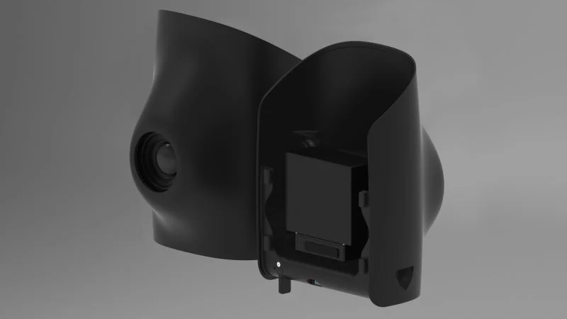 The Trinity payload pod opened to show the Phase One P5 medium-format camera mounted inside