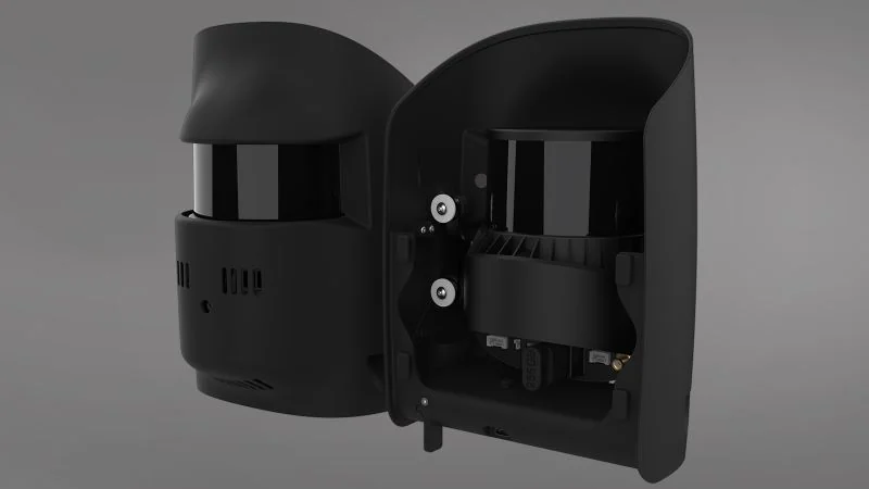 The Trinity payload pod opened to show the Qube 640 LiDAR sensor mounted inside, with the scanner head alongside it