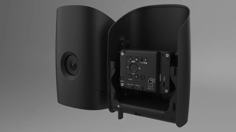 The Trinity payload pod opened to show the Sony ILX-LR1 camera body mounted inside, its lens seated in the pod nose