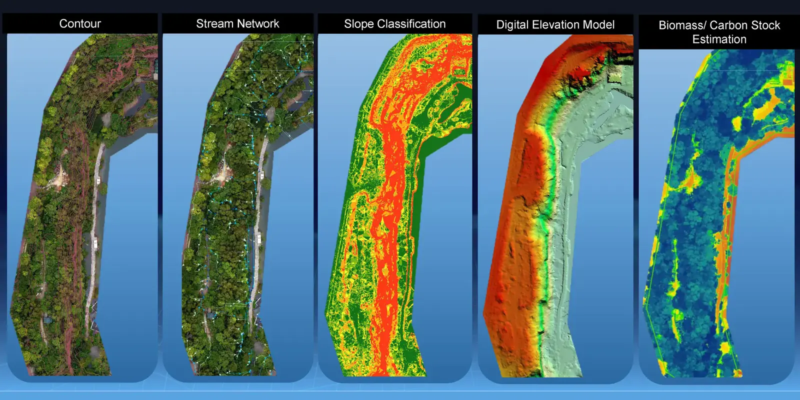 Five geospatial products derived from one aerial survey of a river corridor: contour, stream network, slope classification, digital elevation model and biomass and carbon stock estimation