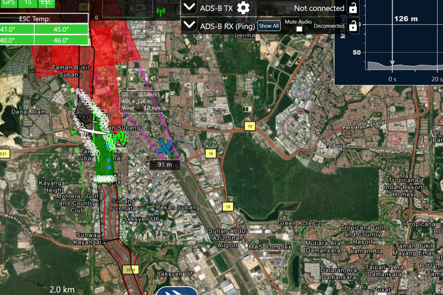 Flight planning and telemetry workspace showing an aircraft on a mapping run over a Klang Valley basemap, with the flown track, altitude readout and airspace layers switched on