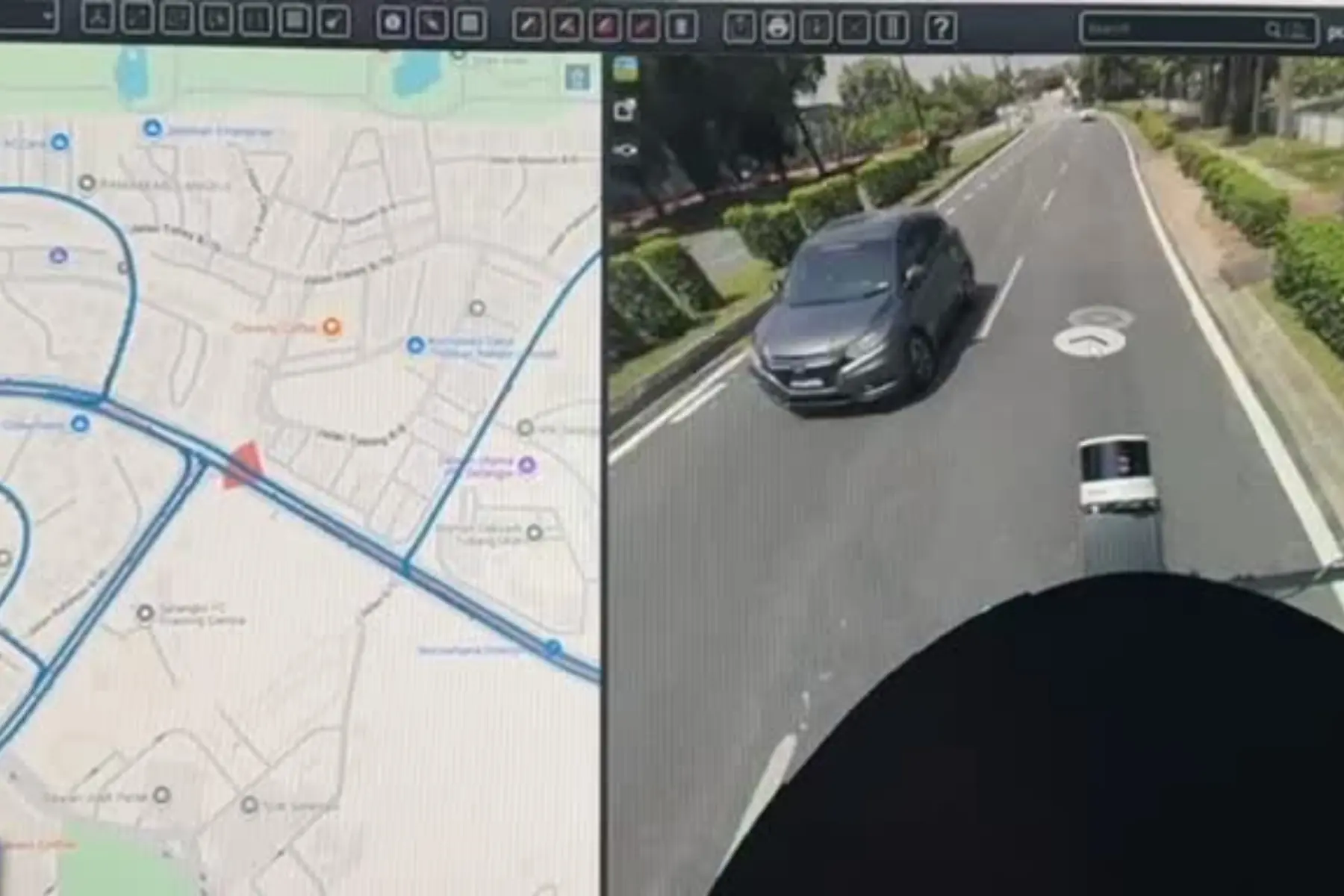 Road asset review software showing a street network map beside a street-level frame of a carriageway captured by a vehicle-mounted scanner